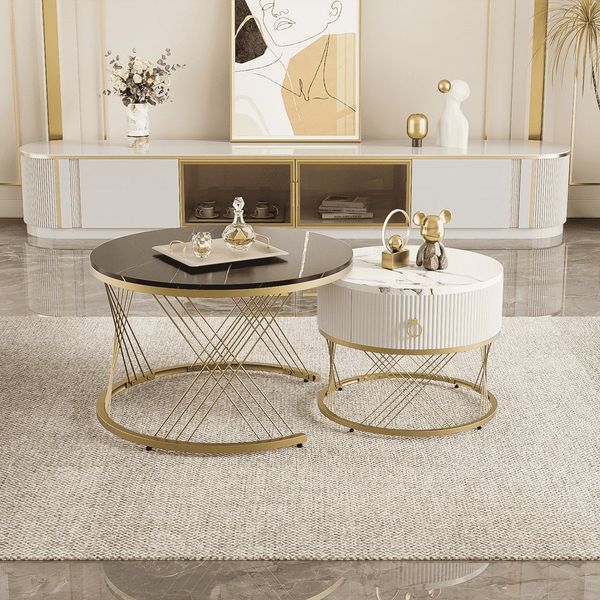 BlingBin Couchtisch Eleganter Zusammensetzbarer Satztisch, Sofatisch Wohnzimmertisch (Beistelltisch mit 1 Schubladen, 1-St, 70*70*45 cm & 50*50*40 cm, Produktladung: 20KG), Marmoroptik, Golddekor, Ideal für Wohnzimmer, Weiß und Schwarz