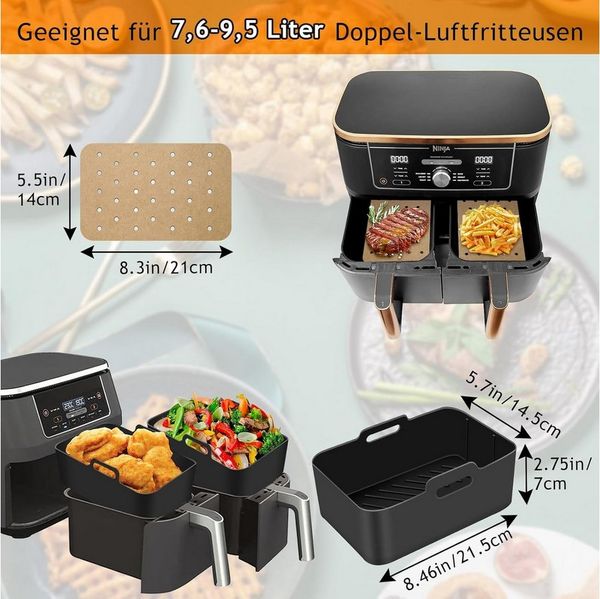 Refined Living Backform Airfryer Zubehör, Heißluftfritteuse Zubehör Set,Silikonformen,BPA-frei, (Heißluftfritteuse Zubehör Set 9-teilig, 100 Blatt Fettfreies BackpapierEdelstahl Rack, Spieße, Fritteusen Set, Dual-Zone Heißluftfritteuse Zubehör, Ideal f...