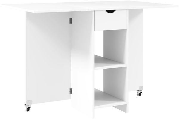 Klappbarer Esstisch Mobiler Küchentisch für 2-4 Personen mit Offenen Ablagen, 1 Schublade, Klapptisch für Kleine Räume, Esszimmer 114,5 x 70 x 75 cm, Weiß