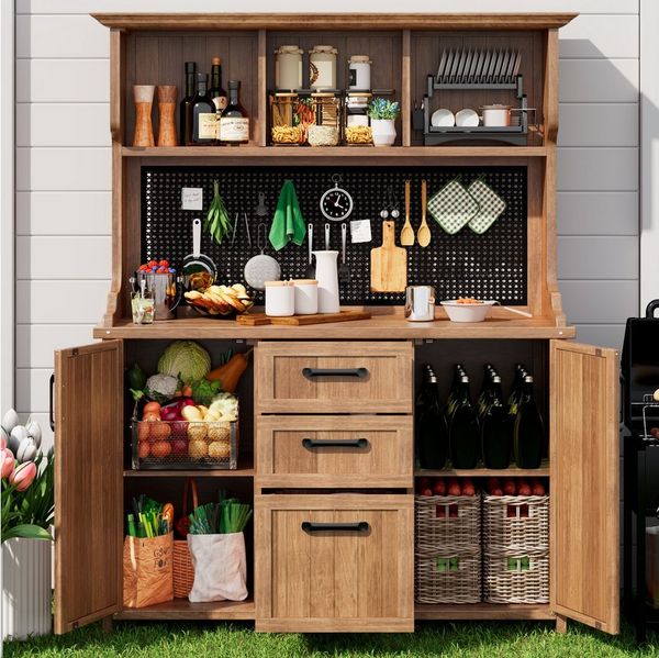 Flieks Buffet Garten Werkzeugschrank aus massivem Tannenholz mit Metall-Lochwand (Küchenbuffet für Terrasse, Balkon, Outdoor, 1-St, B133,6/T50/H185 cm) Werkstatt-Set Hochschrank mit Schubladen und verstellbar Einlegeböden