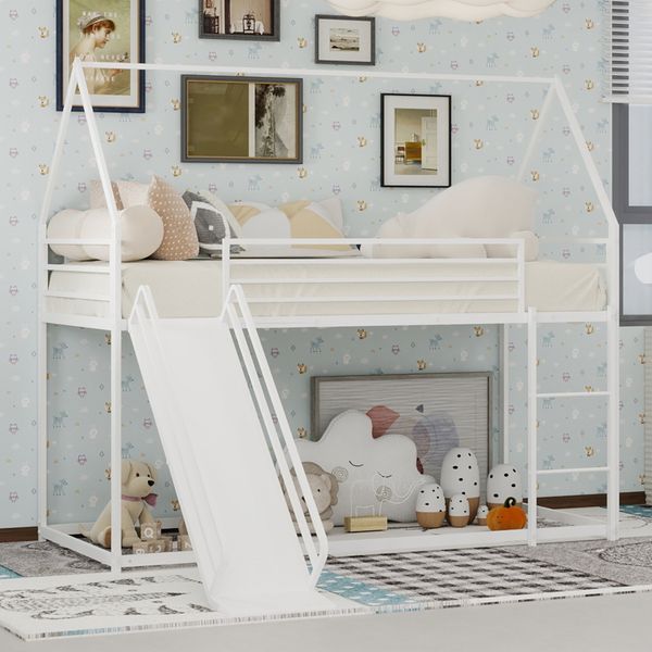 Flieks Etagenbett 90x190cm, Kinderbett, Jugendbett, Hochbett mit Rutsche & Leiter, Metall, Weiß