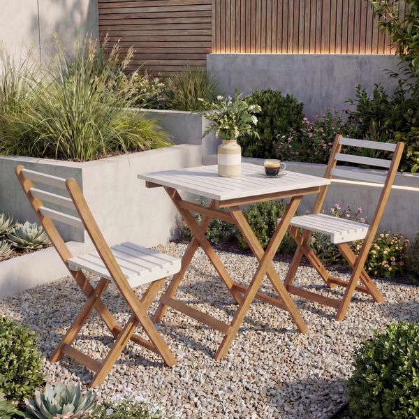 Garnitur HWC-P71, Sitzgruppe Lounge-Set Garten 2x Stuhl Tisch, Akazie Holz klappbar ~ natur-weiß