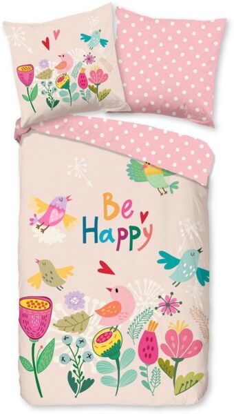 good morning Kinderbettwäsche Happily, Renforcé, 2 teilig, Baumwolle, Renforcé, Wendeoptik, Kind, Mädchen, blumen, vogel