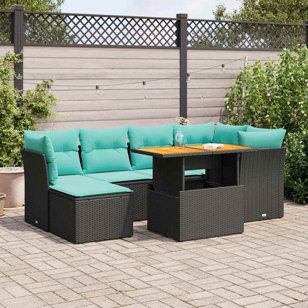 vidaXL 7-tlg. Garten-Sofagarnitur mit Kissen Schwarz Poly Rattan 3326948