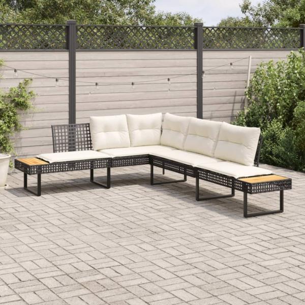 vidaXL Gartensofa in L-Form mit Kissen Schwarz Poly Rattan und Akazie 365634