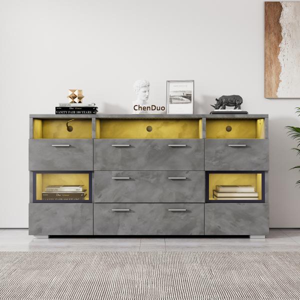 Merax Modernes Sideboard, 140 cm, grau, mit LED-Beleuchtung und transparenten Acryltüren, 2 Türen, 3 Schubladen plus offener Stauraum, Unterschrank, Stauschrank, Sideboard, Eckschrank