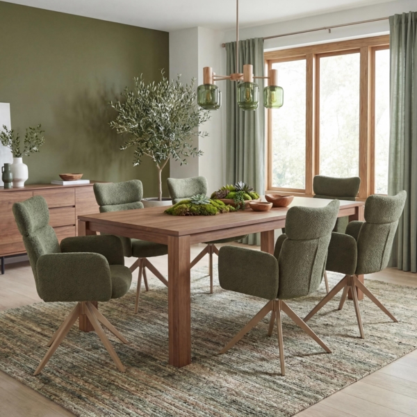 6er-Set Esszimmerstuhl HWC-N11, Stuhl, drehbar Auto-Return Stoff Bouclé 350g/m² Öko-Tex ~ grün, Beine Holz-Optik