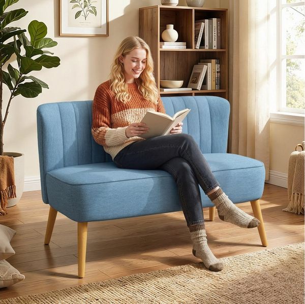HOMCOM 2-Sitzer Zweisitzer, Loveseat mit Leinenoptik, Doppelsofa mit Holzbeine, Polstersofa 1 Teile, für Wohnzimmer, Blau