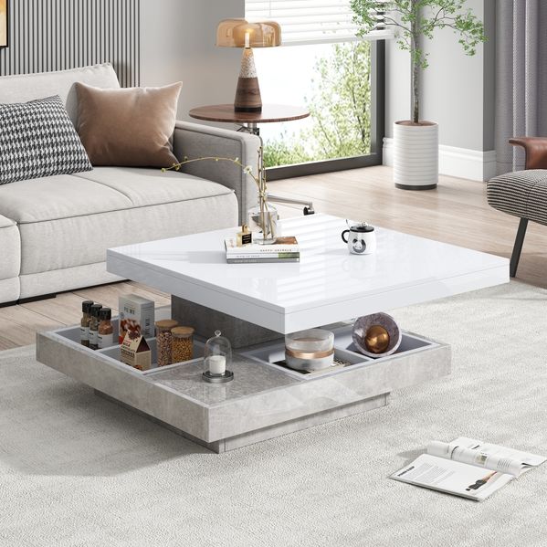 Couchtisch 70x70x36 cm mit 360° drehbarer Platte in Weiß/Marmoroptik
