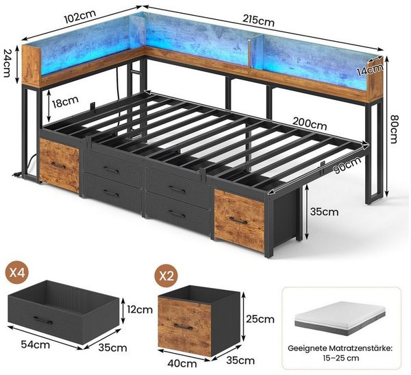 MSMASK Daybett Schlafsofa mit LED-Beleuchtung & Ladestation, Jugendbett Kinderbett, mit Integriertem Bücherregal & 6 Schubladen, 90x200cm