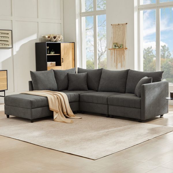 Big-Sofa mit Rückenkissen, Zierkissen, loser Rückenkissen und Zierkissen, 5-Sitzer Sofa, Leinen Bezug