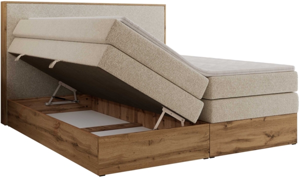 Boxspringbett, Set mit zwei Multipocket-Matratze und Topper, hohe Kopfteil, Eiche Wotan Holzrahmen - WOOD CLASSIC KING - 160 x 200 cm - Creme Struktur - H4 Bild 5