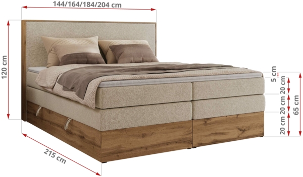 Boxspringbett, Set mit zwei Multipocket-Matratze und Topper, hohe Kopfteil, Eiche Wotan Holzrahmen - WOOD CLASSIC KING - 160 x 200 cm - Creme Struktur - H4 Bild 6