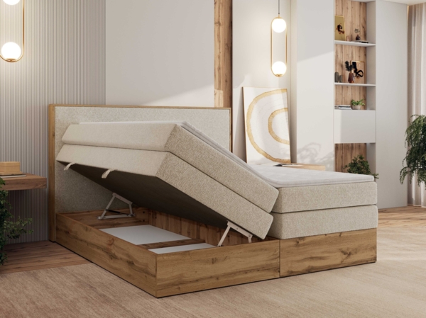 Boxspringbett, Set mit zwei Multipocket-Matratze und Topper, hohe Kopfteil, Eiche Wotan Holzrahmen - WOOD CLASSIC KING - 160 x 200 cm - Creme Struktur - H4 Bild 4