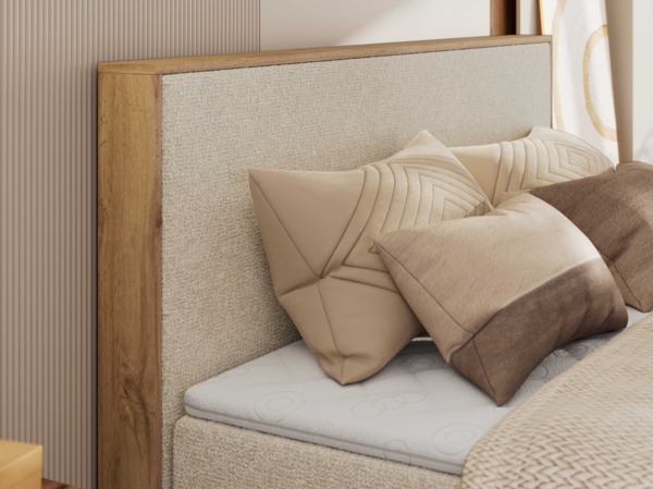 Boxspringbett, Set mit zwei Multipocket-Matratze und Topper, hohe Kopfteil, Eiche Wotan Holzrahmen - WOOD CLASSIC KING - 160 x 200 cm - Creme Struktur - H4 Bild 3