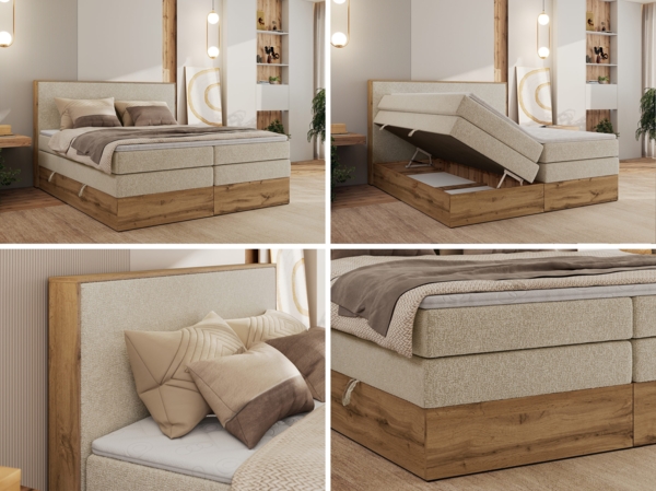 Boxspringbett, Set mit zwei Multipocket-Matratze und Topper, hohe Kopfteil, Eiche Wotan Holzrahmen - WOOD CLASSIC KING - 160 x 200 cm - Creme Struktur - H4 Bild 2