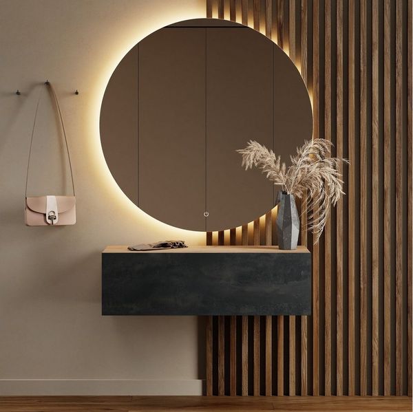 Planetmöbel Garderobenschrank Garderobenschrank (Kompaktgarderobe mit Klappe als Stauraum, Hängeschrank 100 cm Gold Eiche / Schwarz Charcoal) Wandgarderobe (ohne Spiegel)