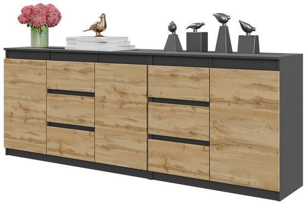 Furnica Kommode Anthrazit 200 cm mit 6 Schubladen und 3 Türen- Wohn-und Schlafzimmer