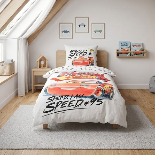 MTOnlinehandel Bettwäsche Disney Pixar Cars 135x200 + 80x80 cm, Renforcé, 100% Baumwolle, 2 teilig, Wende-Motiv Lightning McQueen für kleine Rennfahrer mit großen Träumen