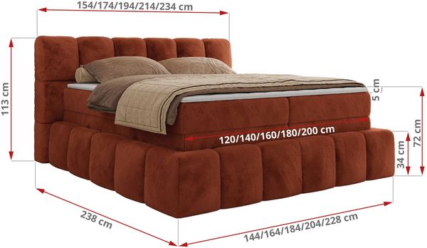 Boxspringbett NIRA KING, Doppelbett mit Fußteil, 7-Zonen Multipocket-Matratzen und Topper, Schlafzimmerbett - 120 x 200 cm - Orange Plüsch - H4 Bild 6