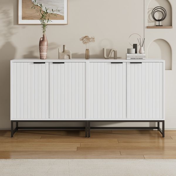 Weißes Sideboard Modern 160cm Breit Mit Wellenmuster Front Stabile Aufbewahrungskommode Für Wohnzimmer Schlafzimmer Mit Metallscharnieren Und Integrierten Schutzfüßen Stylisches Aufbewahrungsmöbel Mit Hoher Traglast, 80cmx40cmx160cm, Weiß