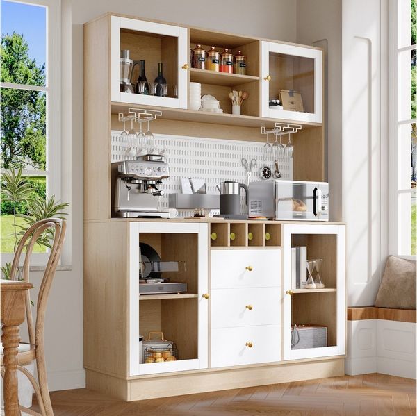 Odikalo Küchenbuffet Küchenschrank Buffetschrank mit LED Beleuchtung & Weinregal (mit Smart LED Beleuchtung, Hochschränke fürs Wohnzimmer,Seitenschrank mit Weinregal und Kippsicherung, Verstellbare Einbauregale)