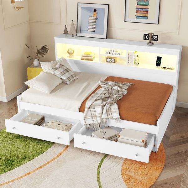 Holzbett mit LED-Beleuchtung und Stauraum, 90x200 cm, Einzelbett mit Mehrfachsteckdose und Lattenrost, Jugendbett