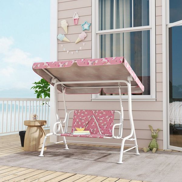 AIYAPLAY Hollywoodschaukel Kinderschaukel mit verstellbarem Sonnendach, Sicherheitsgurt, 2-Sitzer, Schaukelfunktion, Gartenschaukel, 1 tlg, 2-Sitzer Kinderschaukel, für Garten Terrasse für 3-6 Jahre Kinder bis 60 kg Rosa