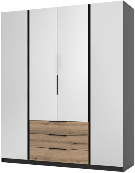 Selsey 'Kaja' Kleiderschrank 4-türig mit Spiegel & 3 Schubladen, Eiche/schwarz, ca. 239 x 200 x 62 cm