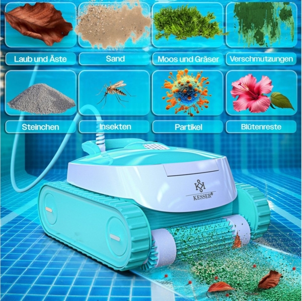 KESSER® Poolroboter für Boden und Wand, Poolsauger bis 100m² Pools & eine leistungsstarke Reinigung, Poolreiniger vollautomatisch mit App-Funktion & Kontrollmodul, Inkl. Abdeckung, Klettermechanismus 72 m², Weiß / Türkis Bild 2