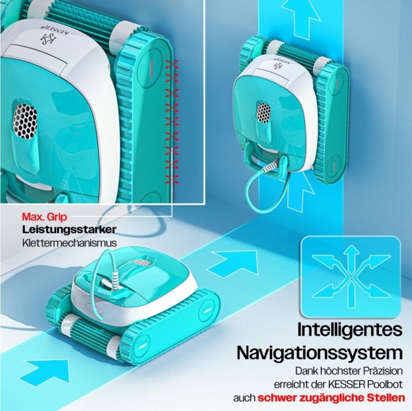 KESSER® Poolroboter für Boden und Wand, Poolsauger bis 100m² Pools & eine leistungsstarke Reinigung, Poolreiniger vollautomatisch mit App-Funktion & Kontrollmodul, Inkl. Abdeckung, Klettermechanismus 72 m², Weiß / Türkis Bild 3