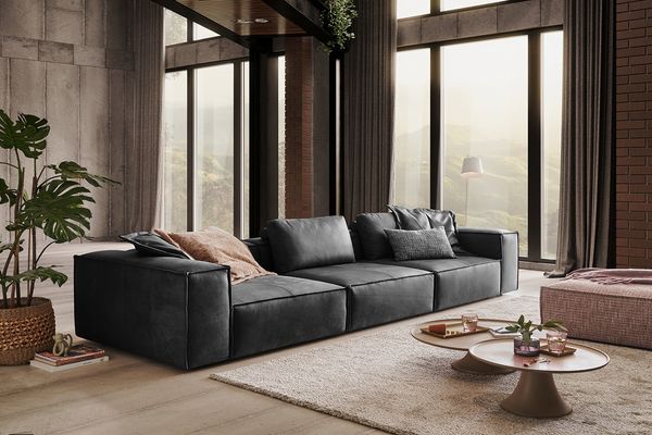 KAWOLA Sofa CARMO 4-Sitzer Leder anthrazit 68 x 118 x 366 cm