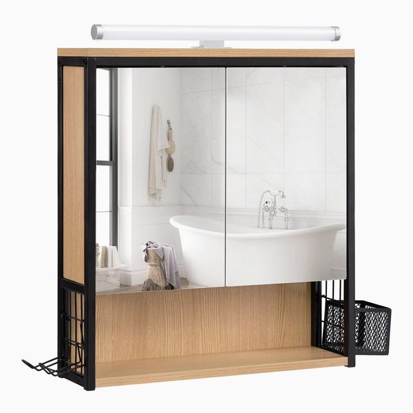 EUGAD Spiegelschrank Bad mit Beleuchtung, Badezimmerschrank mit Spiegel, Badschrank hängend, mit Verstellbarer Ablage Halter Korb, aus Metall MDF, Schwarz + Helle Eiche, 70Bx70Hx14,5T cm