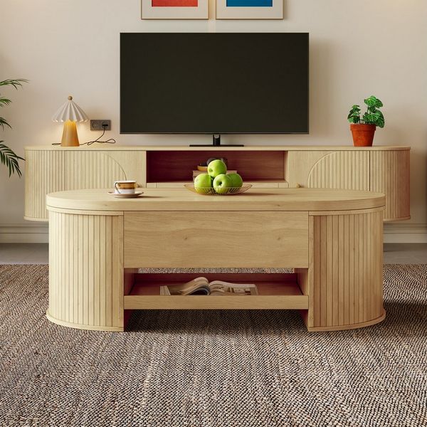 REDOM Couchtisch in Holzoptik mit abgerundetem Design (Beistelltisch, Sofatisch, 1-St, ausziehbarem Regal), mit gebogenen Holzseiten