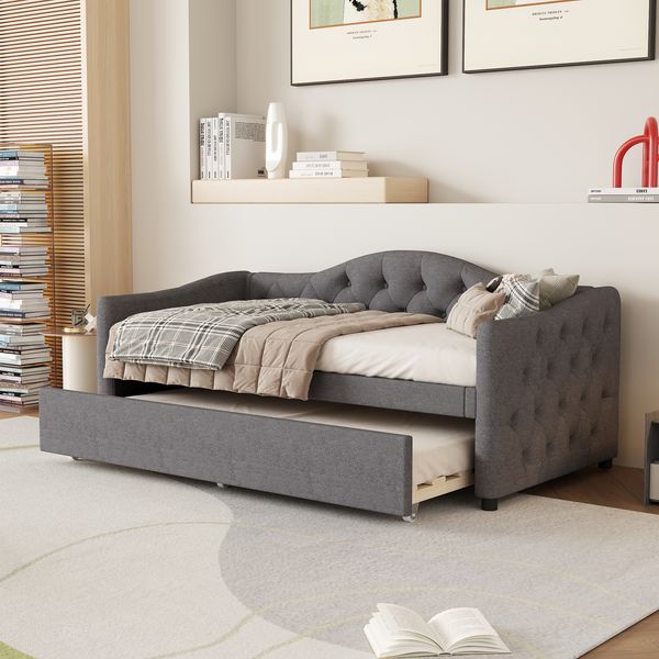 Daybettt, 90x200cm Tagesbett mit ausziehbarem Bett,Schlafsofa, Einzelbett(Ohne Matratze), Leinen, minimalistisches Styling, Grau