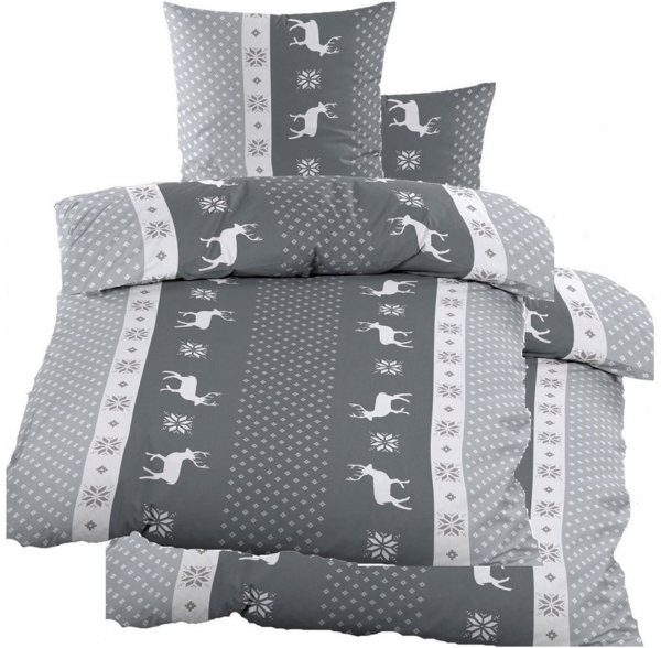 KH-Haushaltshandel Bettwäsche Biber Winter Bettwäsche 2x(135x200 + 80x80 cm), Hirsche/Streifen, Biber, 4 teilig, grau weiß, flauschig weich, warm, 100% Baumwolle