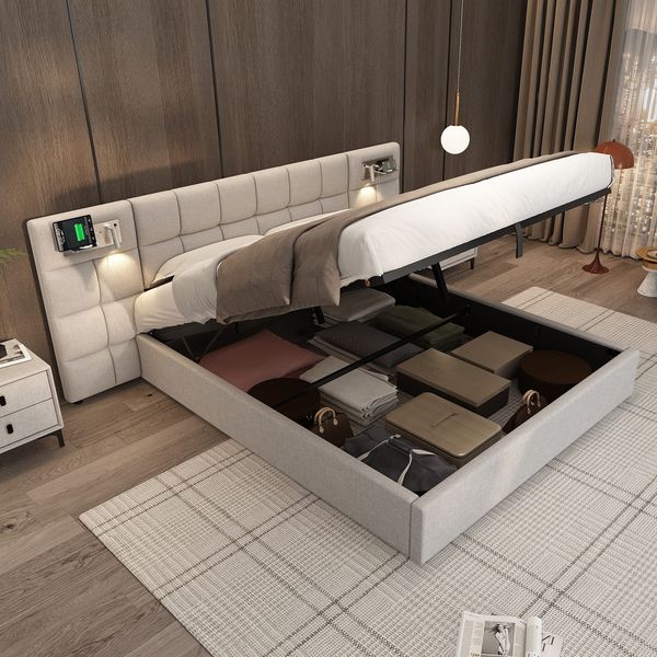 Polsterbett mit LED-Beleuchtung, Wireless Charger und Stauraum, extra breites Kopfteil mit Spots, Type-C und USB Anschlüssen, 180x200 cm, gepolsterter Kopfteil, Doppelbett, Stauraumbett, Leinen
