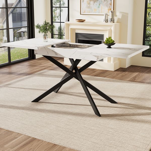 Ausziehbarer Esstisch 120-160 x 80 x 76,5 cm, Tisch für 6-8 Personen, MDF Tischplatte mit Weißer Marmor, Metall-Kreuzbeine