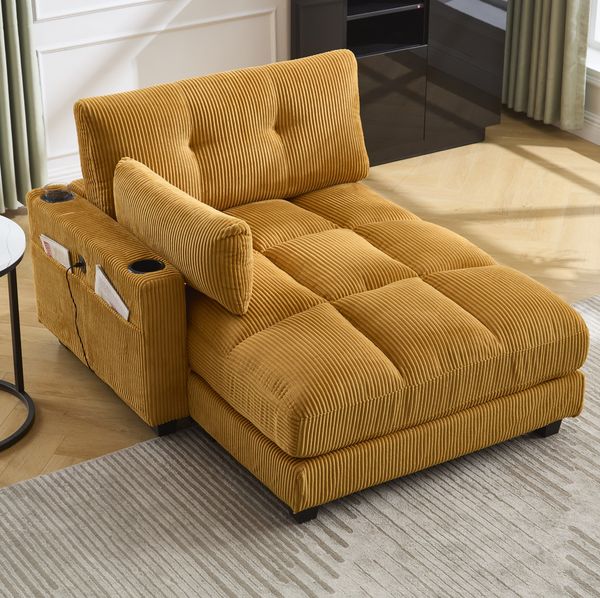 Sessel 140 x 112 x 81 cm mit USB-Anschluss & 2 Getränkehaltern – Cord in Senfgelb