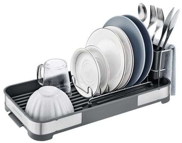 SONGMICS Abtropfgestell klein, Geschirr-Abtropfgestell für Spüle, Abtropfständer, Abtropfgitter Edelstahl, Abtropfschale, Besteckhalter, Tassenhalter rostfrei, für Geschirr, silbern-grau KCSDE034G01