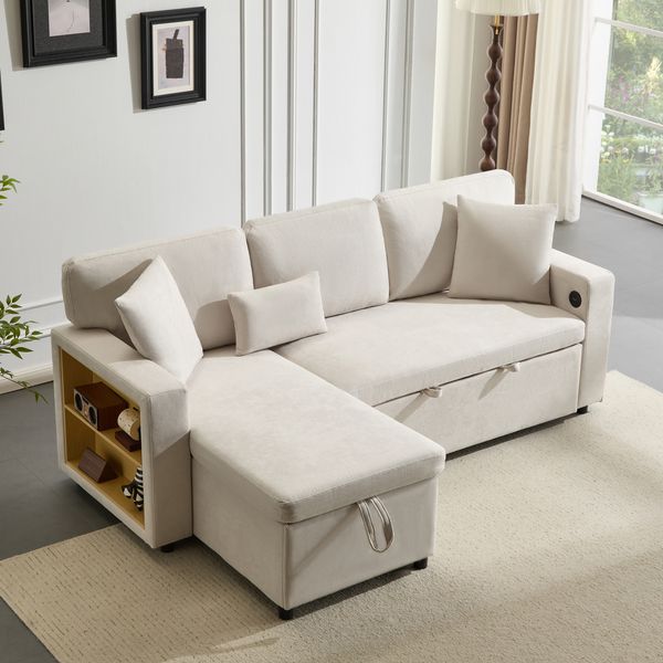 3-Sitzer Schlafsofa Samt mit Ottomane Bettfunktion Stauraum USB Anschluss Rollen Wohnzimmer Sofa Beige