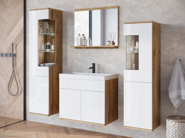 Badmöbel-Set Neskir (Farbe: Wotan Eiche / Weiß Hochglanz, mit weißer LED Beleuchtung)