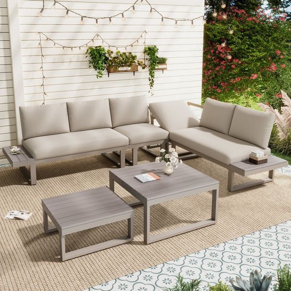 Flieks Gartenlounge-Set, 6-Sitzer Gartenmöbel 2 Tisch, Ecksofa mit 5-stufig-Neigungsfunktion