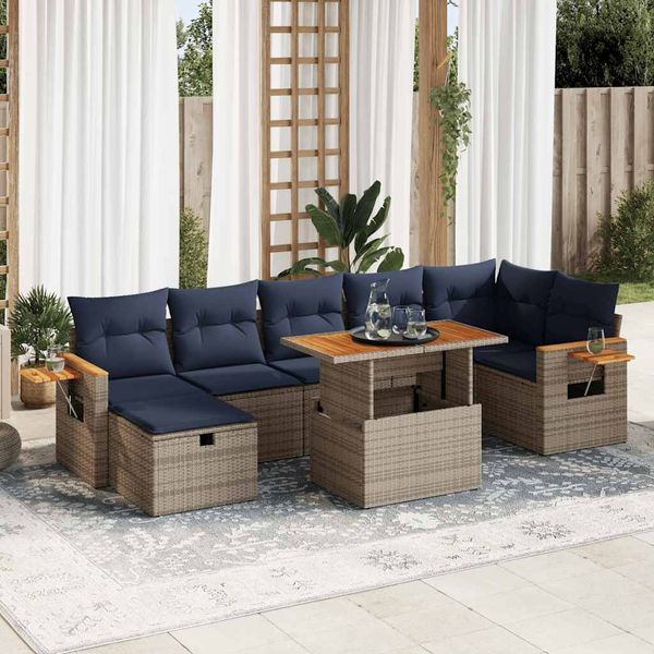 vidaXL 8-tlg. Garten-Sofagarnitur mit Kissen Grau Poly Rattan Akazie 3328146