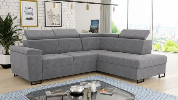 Ecksofa Natan mit Schlaffunktion und einstellbare Kopfstützen - Wohnlandschaft mit Metallfüßen, Couchgarnitur, Bettkasten, Sofa (Ecksofa Rechts, Grau (Paros 05))