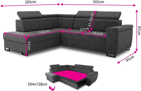 Ecksofa Natan mit Schlaffunktion und einstellbare Kopfstützen - Wohnlandschaft mit Metallfüßen, Couchgarnitur, Bettkasten, Sofa (Ecksofa Rechts, Grau (Paros 05)) Bild 5