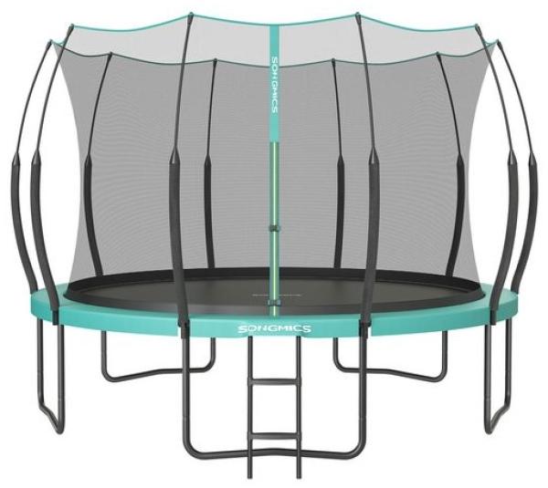 Songmics Federloses Trampolin, elastische Seile, Sicherheitsnetz mit Reißverschluss, Glasfaserstangen, seeblau, Ø 366 cm