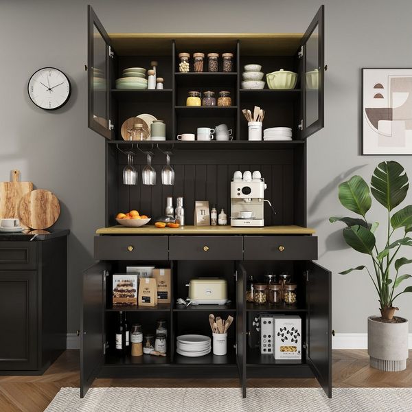 Flieks Küchenbuffet mit Steckdosen, Gläserhalter, Schubladen und Glastüren (Arbeitsplatte in Holzoptik mit USB-C- und USB-A-Anschlüssen, 1-St, 120 x 40 x 191 cm) Hochschrank Küchenschrank Geschirrschrank mit verstellbarer Ablagen