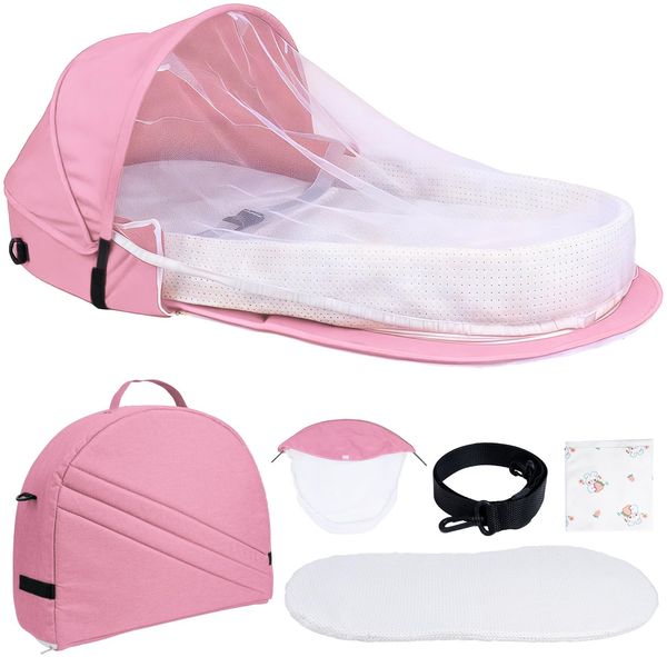 Huracan Faltbares Babynest mit Moskitonetz & Tragegurt, Baby Nestchen Leichtes tragbares für unterwegs, weiche Schaumstoffmatratze & Baumwolldecke, Komfort & Geborgenheit für Neugeborene, Rosa
