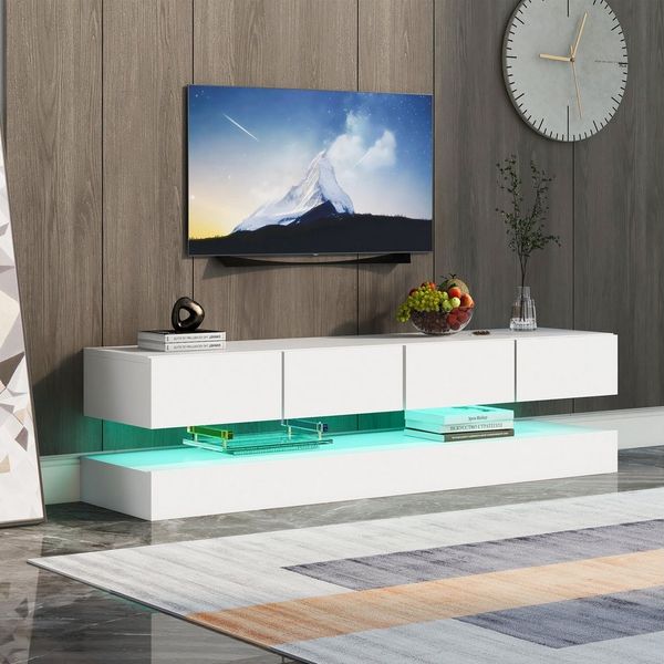 XDOVET TV-Schrank 16-farbige LED-Beleuchtung Wandmontierter TV Lowboard TV-Ständer mit 2 Schränken und 4 großen Schubladen, 130*33*15cm